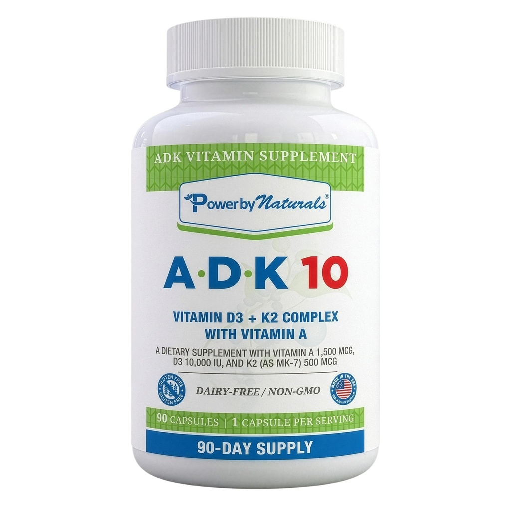 Power By Naturals ADK Vitamin Supplement – ADK 10 Υψηλή Ικανότητα με Βιταμίνες Α, D3 10.000 IU & K2 MK7 για Superior Καρδιά, Ανοσοποιητική & Οστική Υγεία Υποστήριξη – 90 Κάψουλες, 1 Συσκευασία (3 Μήνες Προσφορά)