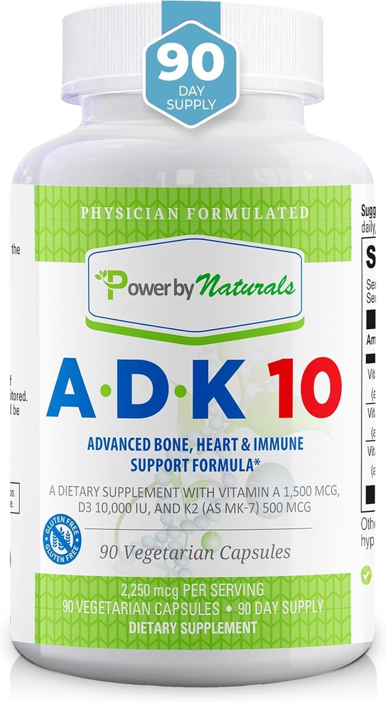 Power By Naturals ADK Vitamin Supplement – ADK 10 Vitaminleri A, D3 10.000 İ & K2 MK7 for Superior Heart, Immune & Bone Health Support – 90 Capsules, 1 Pack (3-Month Supply)