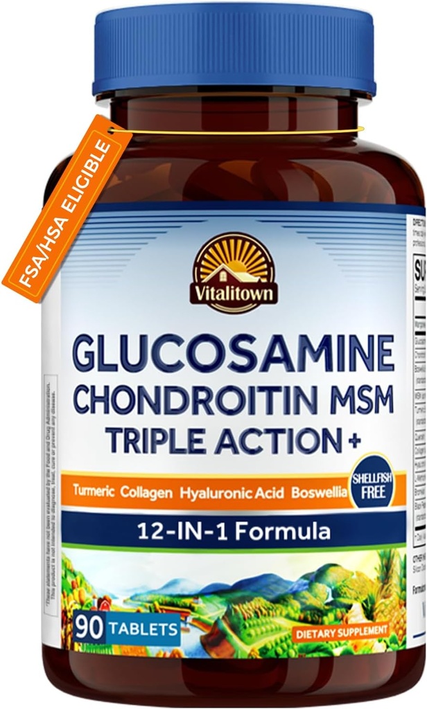Vitalitown Glucosamine Chondroitin MSM | Collagen, Boswellia, Turmeric, Hyaluronic Acid, Bromelain | Triple Action+ Formula | 12 Ingredients | 90 Tablets, No Shellfish
