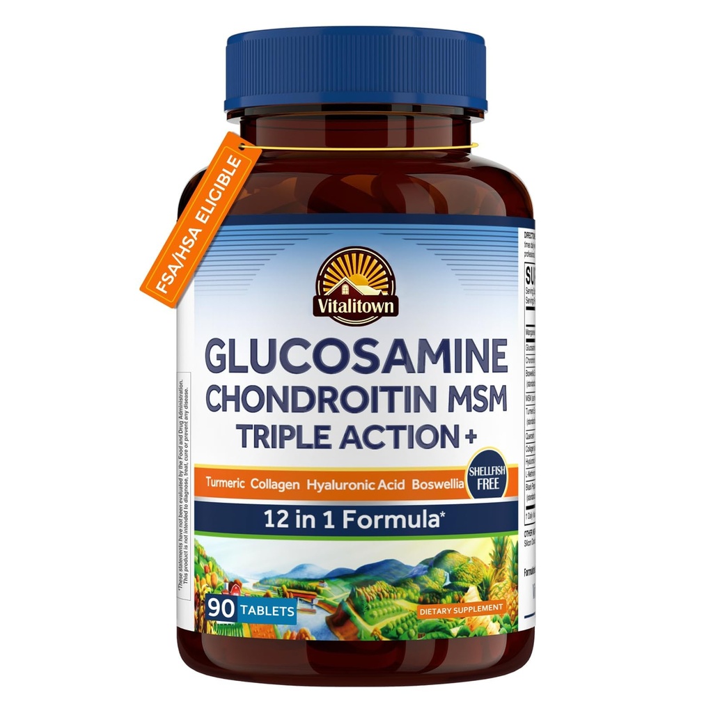 Vitalitown Glucosamine Chondroitin MSM | Collagen, Boswellia, Turmeric, Hyaluronic Acid, Bromelain | Triple Action+ Formula | 12 Malzemeler | 90 Tablet, No Shellfish