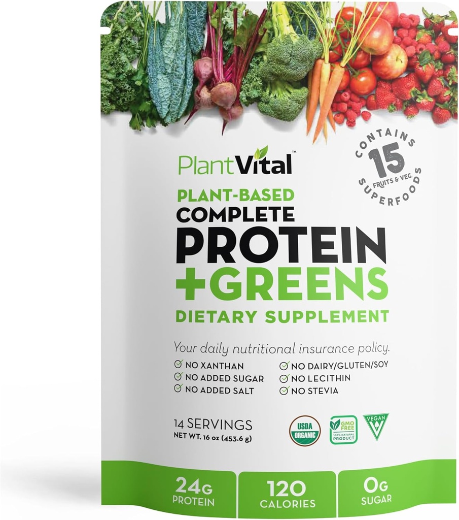 Plantvital Unflavored Organik Vegan Protein Toz - 15 Süperfoods, Veggies ve Probiyotikler - Organik Plant-Based Protein Toz - Tüm BCAA'lar, Gluten Free - 16oz -1 Pouchten Free - 16oz -1 Pouch
