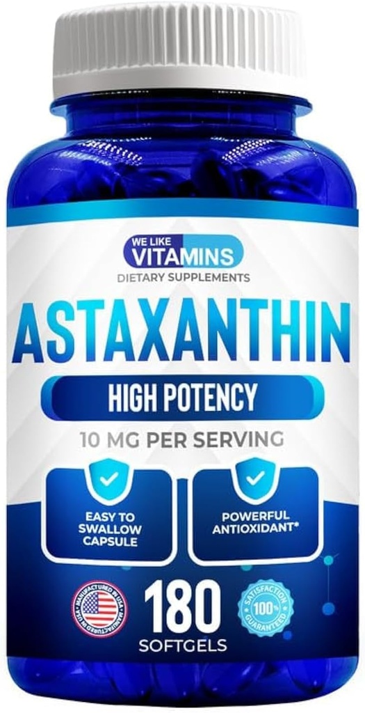 Vitaminler Astaxanthin 10 mg Softgel - Haematococcus Pluvialis'den Yüksek Potent Astaxanthin Supplements - Finds Eye, Joint, Skin Health & Energy Levels - 180 Servisler, 6 Ay Supply