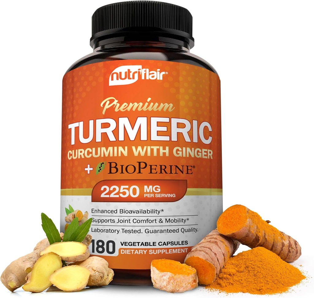 NutriFlair Turmeric Curcumin with Ginger and BioPerine Black Pepper Supplements, 180 Capsules -% 95 Curcuminoids - Ortak Destek, Antioksit - Natural, Non-GMO, Vegan En Az Potency