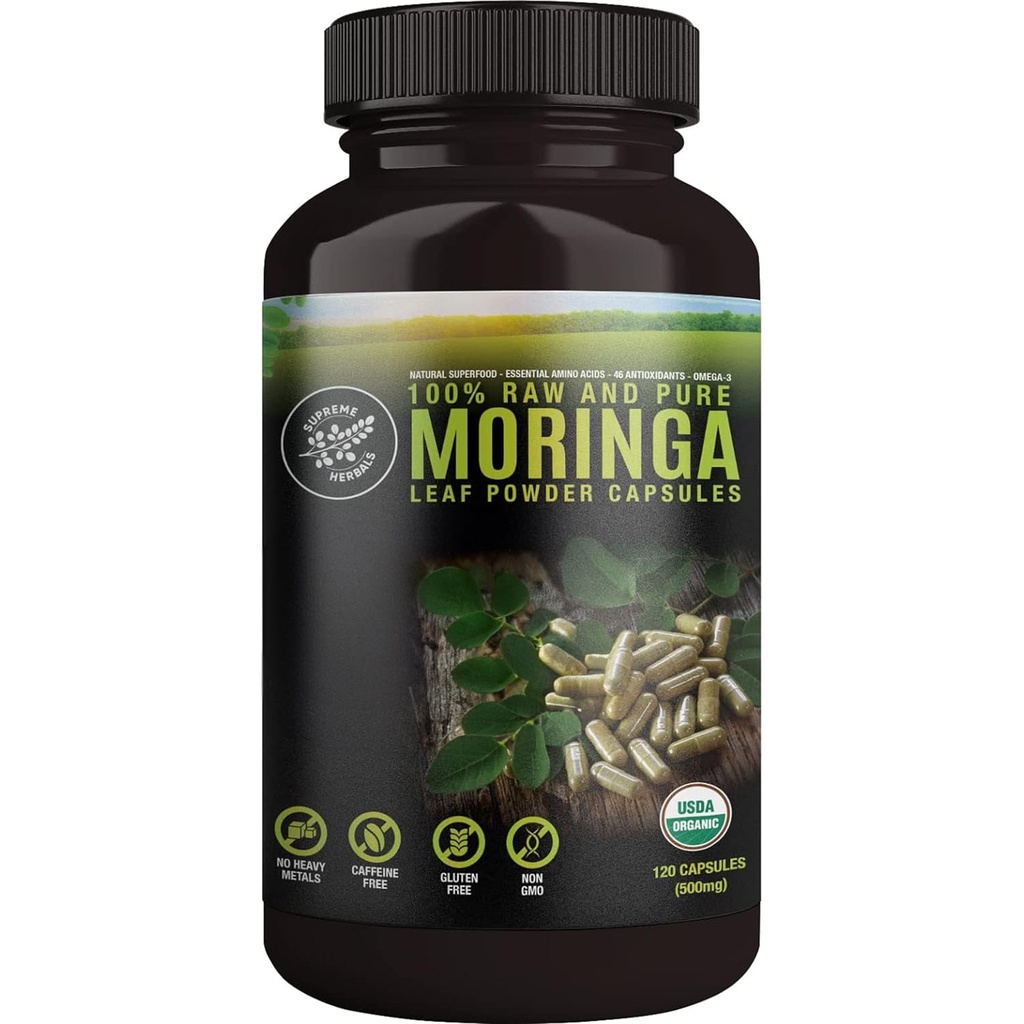 100% Ακατέργαστες και Καθαρές κάψουλες Moringa Leaf Powder. Βιολογικά πιστοποιημένο Moringa Leaf. Φυσικό Superfood με Απαραίτητα Αμινοξέα, Αντιοξειδωτικά και Ωμέγα 3, 500mg, 120 Κάψουλες.