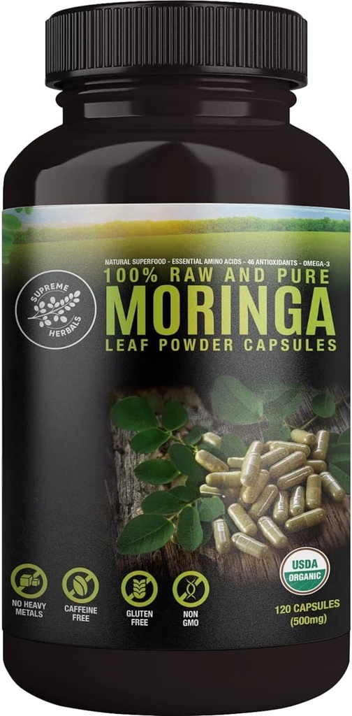 100% Raw ve Pure Moringa Leaf Toz Capsules. Organik sertifikalı Moringa Leaf. Doğal Superfood with EssentialEnergy Acids, Antioksis and Omega 3, 500 mg, 120 Capsules.