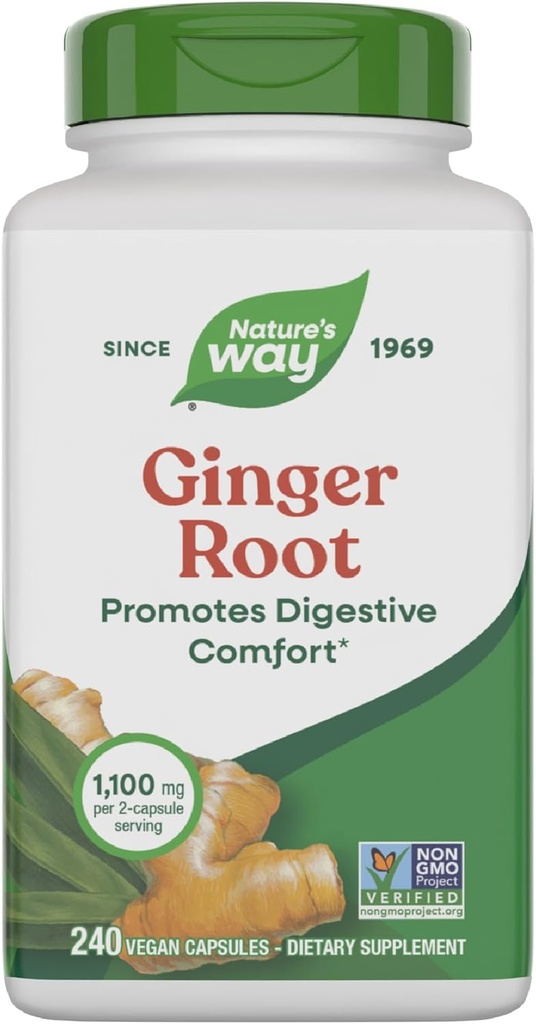 Nature's Way Ginger Root Capsules 550 mg per kapsül, Digestive Comfort* Harekete Geçin *, 2 Capsules başına 1,100 mg per 2 Capsules, Non-GMO Projesi Doğrulandı, Vegan, 240 Kont (Pazarlama May Vary)