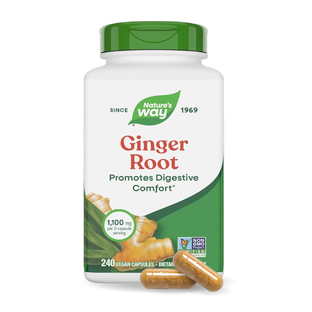 Nature's Way Ginger Root Capsules, 1100 mg per 2-Capsule Serving Ginger Supplement for Digestive Comfort and Motion-Related Nausea Support*, Vegan, Non-GMO Project Verified, 240 Count