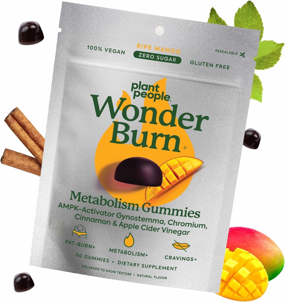 Plant People WonderBurn Metabolism & Cravings Control Gummies, Zero Sugar, Ripe Mango Flavor (60 Kont)