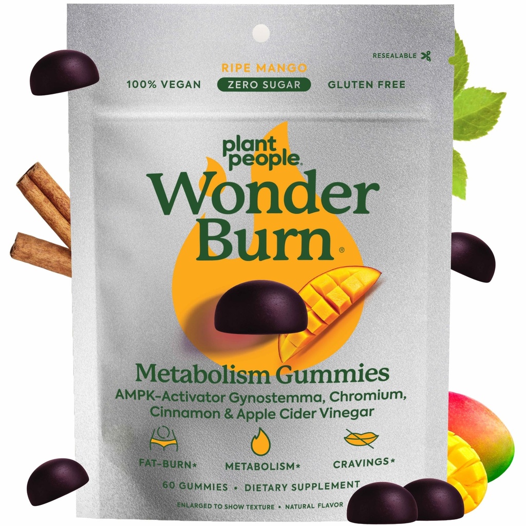 Plant People WonderBurn Metabolism & Cravings Control Gummies, Zero Sugar, Ripe Mango Flavor (60 Kont)