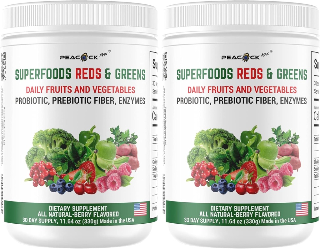 Superfood Reds & Greens Toz - 11.64 oz (Pack of 2), Prebiyotiks & Probiyotiks for Digestive Health, Super Greens Toz with Ashwagandha, Antioksis, Vegan, Non-GMO
