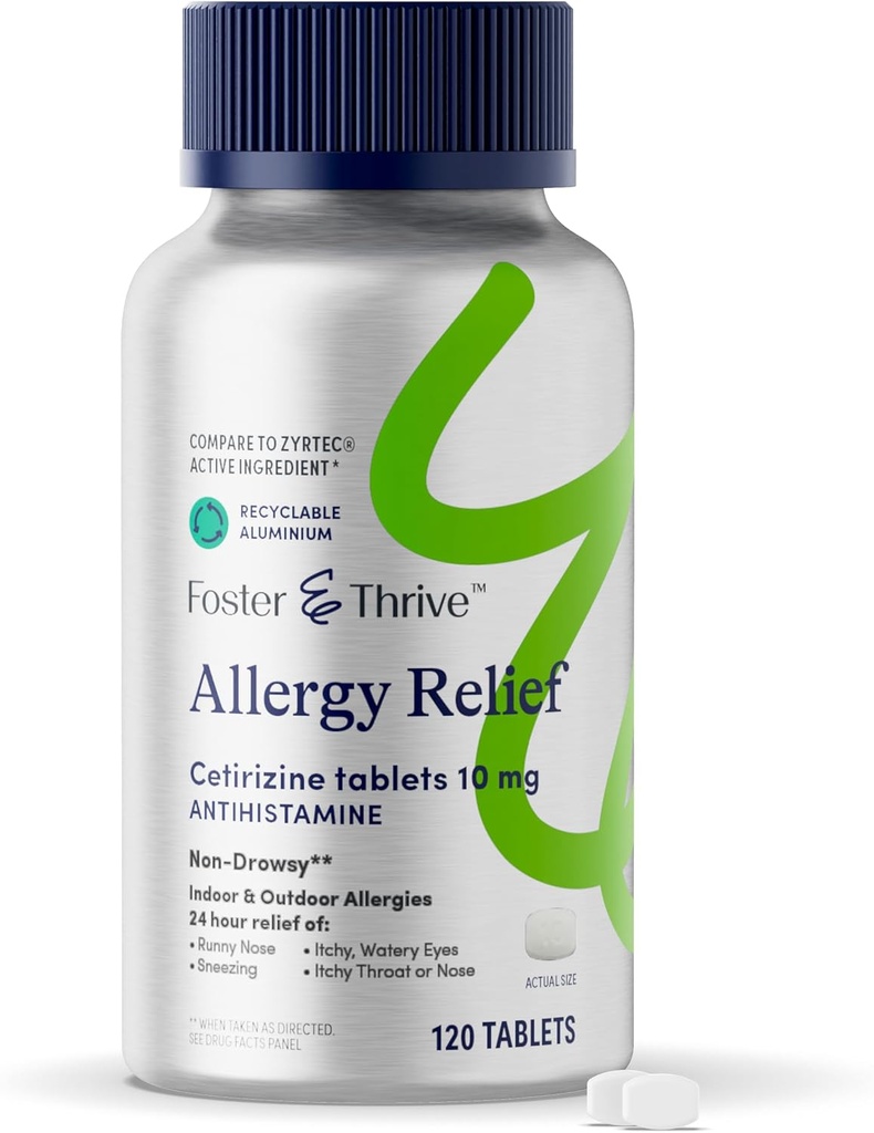 Foster & Thrive Cetirizine HCl 10mg Alerjiler Mevsimlik Tüm Enerjiler, Anketen, Hay Ateş ve Kuru Itchy Gözler, Çocuk veya Yetişkinler için Antihistamin Tıp, Zyrtec ile Karşılaştırma