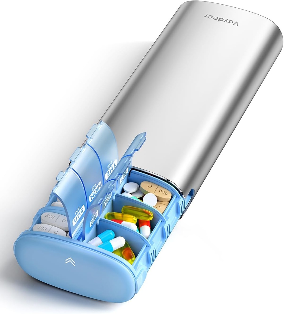Vaydeer 7 Ημέρα Weekly Pill Organizer 2 φορές την ημέρα, Metal Am Pm Travel Pill υπόθεση, Μεγάλη Χωρητικότητα Δύο φορές καθημερινή χαριτωμένο κουτί χάπια για συμπληρώματα, χάπια, βιταμίνες και φαρμακευτική αγωγή (Sliver)