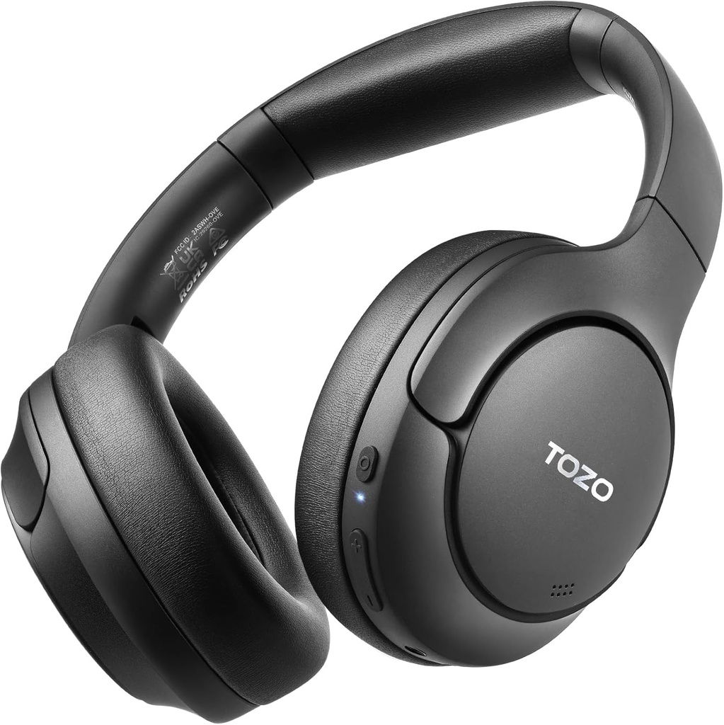TOZO HT2 Hybrid Active noise Cancelling Kulaklıklar, Ear Over Ear Bluetooth Headset, 60H Playtime, Hi-Res Audio Custom EQ via App Deep Bass Comfort Fit Cups, for Home Office Travel Black Black