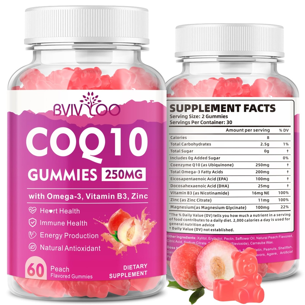 Sugar-Free CoQ10 Gummies 250 mg, Plus Omega-3, Vitamin B3 & çinko, Magnezyum - Yüksek Abhidrasyon Coenzyme Q10 Kalp Sağlığı, Hücre Enerji ve Antioksit Desteği, 60 Sayı