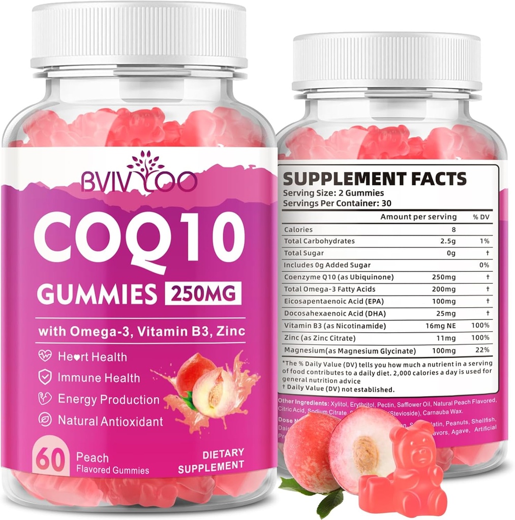 Sugar-Free CoQ10 Gummies 250 mg, Plus Omega-3, Vitamin B3 & çinko, Magnezyum - Yüksek Abhidrasyon Coenzyme Q10 Kalp Sağlığı, Hücre Enerji ve Antioksit Desteği, 60 Sayı