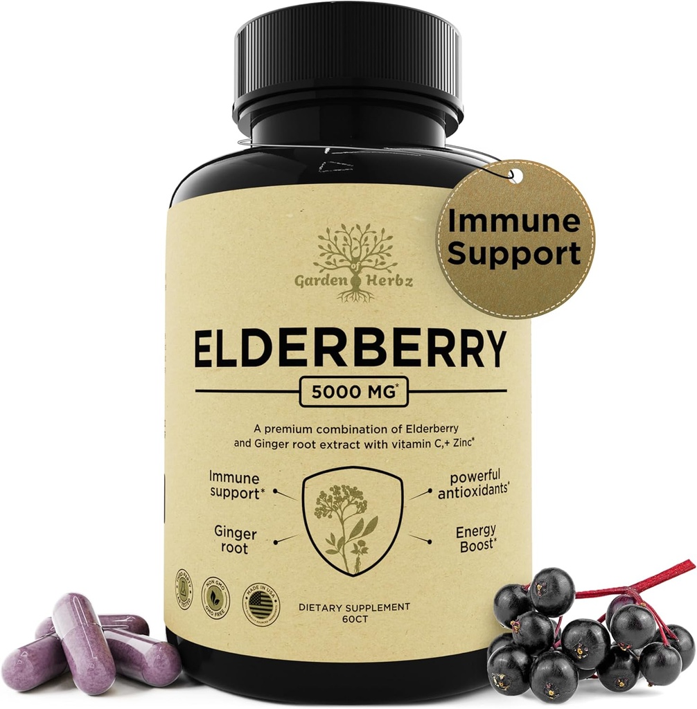 C vitamini, çinko ve Ginger ile yaşlılık - Potent Immune ATM 5000 Mg Elderberry, çinko, & C - Yetişkinler için olmayanlar Vibrant, 60 Caps.