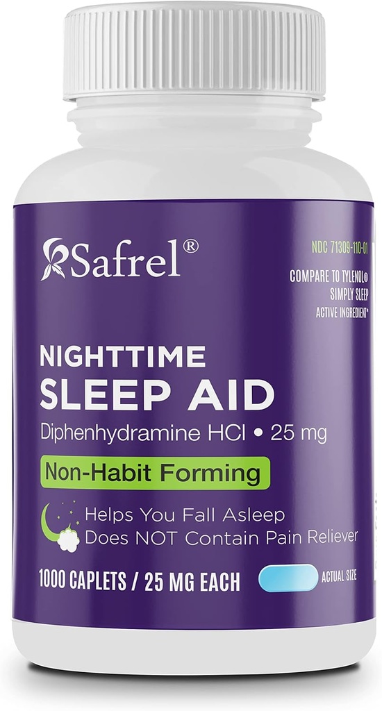 Safrel Nighttime Sleep Aid, Diphenhydramine HCl 25mg | Habit-Forming Restful Sleep Support for Men & Women | Fall Asleep Faster & Wake up (1000 Kont)