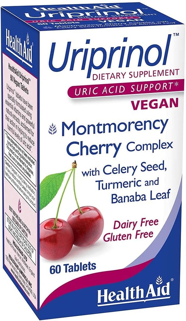 HealthAid Uriprinol® 60 δισκία – Δύο φορές‐Καθημερινό Αντιοξειδωτικό Οξύ Καθαρίστε με Montmorency Cherry, Celery Seed, Turmeric & Banaba Leaf – Vegan, Non‐GMO