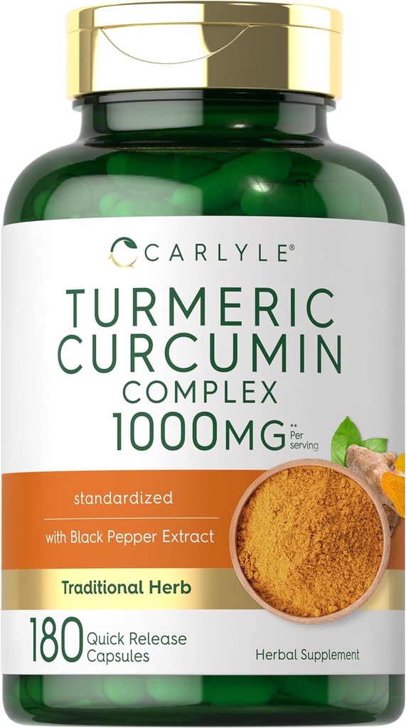 Carlyle Turmeric Curcumin with Black Pepper 1000mg | 180 Capsules | Turmeric Kompleksi Supplement | Non-GMO, Gluten Free