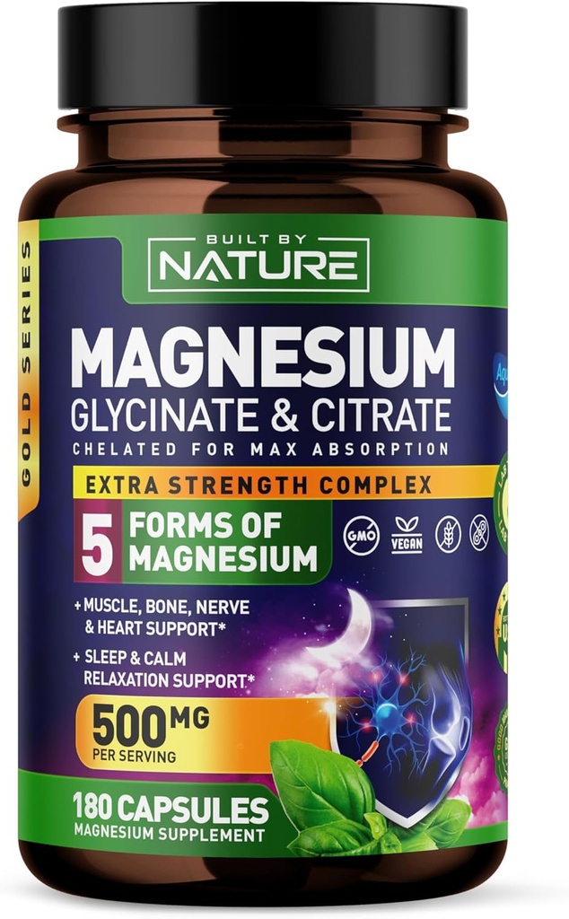 Magnezyum Kompleksi 500 mg - 5 Glycinate, Citrate, Malate, Oksit & Aquamin 72 Trace Minerals - Aborve, Heart & Sleep (180 Capsules) için Tamam