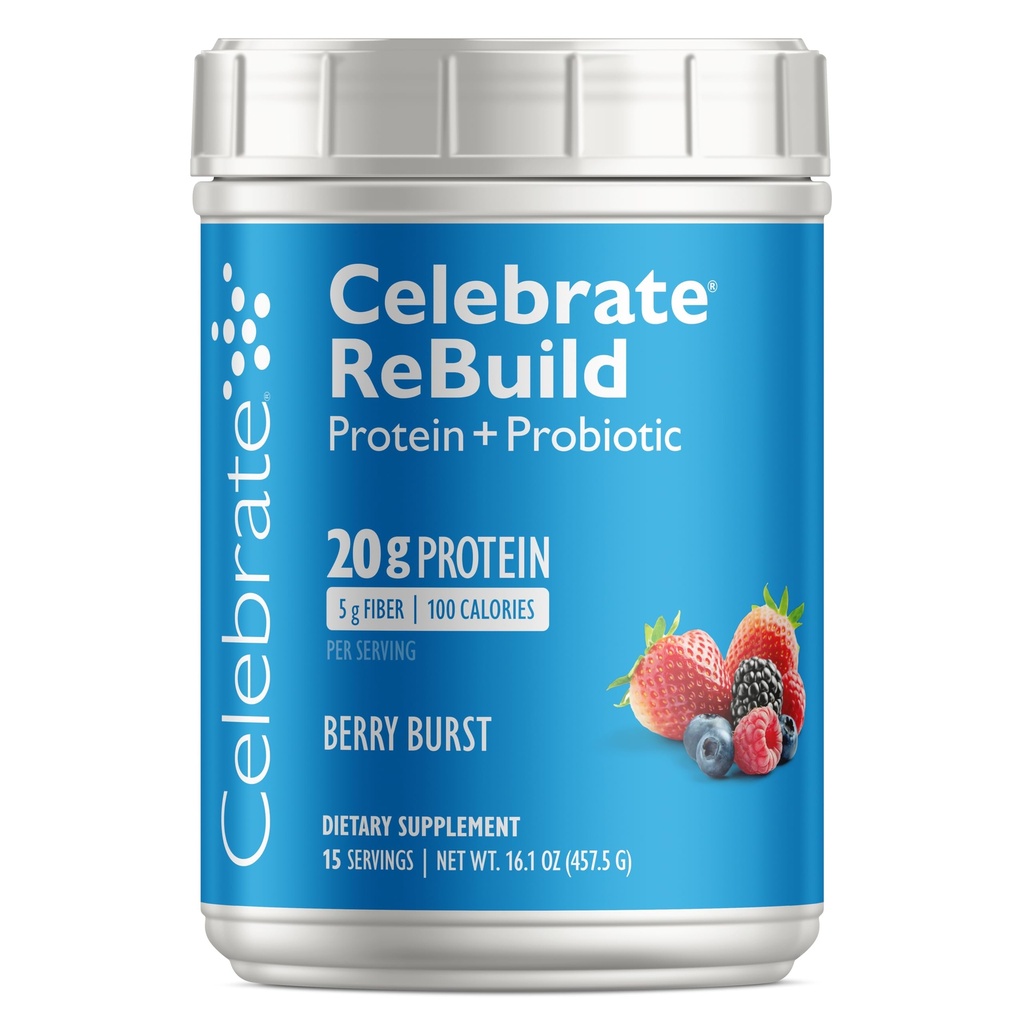 Celebrate Vitamins Rebuild Protein Powder with Probiotics & Prebiotics - 20g Whey Isolate Protein, High Fiber, for Post Bariatric Surgery Patients - Berry Burst (15 Servings)