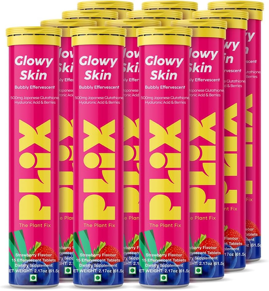 PLIX Glowy Skin 500 mg Glutathione Supplement with Hyaluronic Acid, Vitamin C, E & Cave | 90 Effervescent Tabletler, Strawberry Flavor