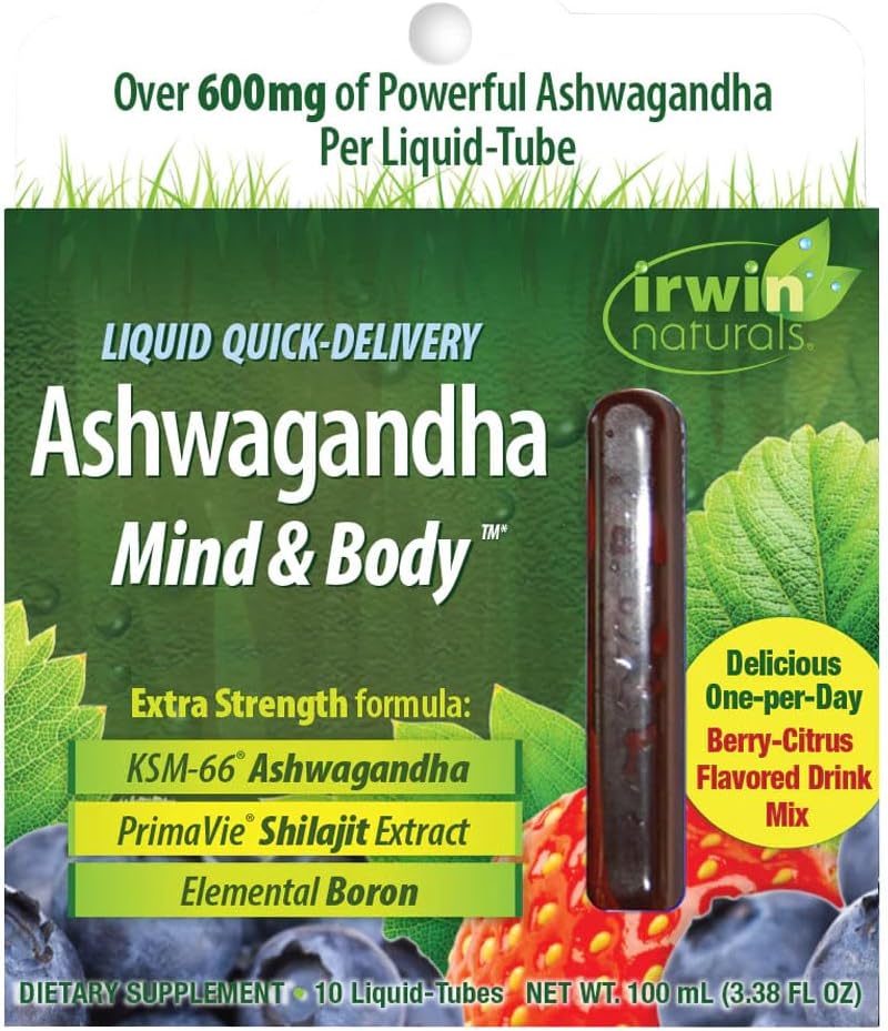 Irwin Naturals Liquid Quick-Delivery Ashwagandha Mind & Body - 10 Liquid-Tubes - Fiziksel ve Ruh Performansı - One-Per-Day Berry-Citrus Flavored Drink Mix