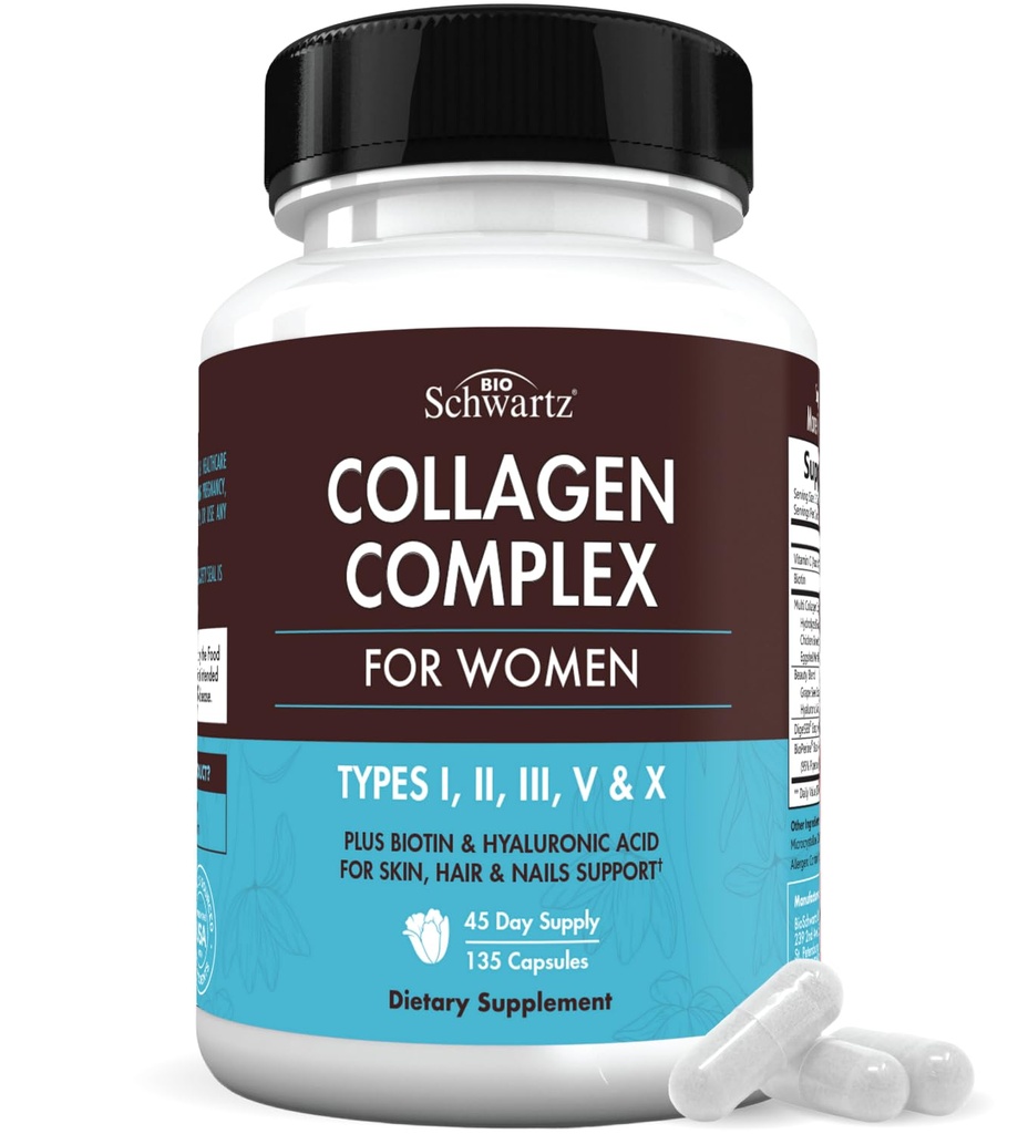 BioSchwartz Hydrolyzed Collagen Peptide Capsules - Πολλαπλά Συμπληρώματα Κολλαγόνου για Γυναίκες Τύπους I, II, III, V, X με Βιταμίνη C, Βιοτίνη, Κερατίνη και Υαλουρονικό Οξύ για Δέρμα, Μαλλιά & Καρφιά - 135ct