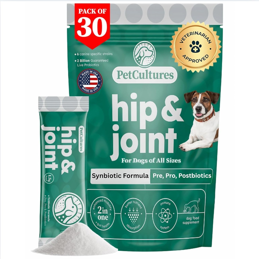 PetCultures Hip & Joint TriBiotic Powder, ένα συμπλήρωμα Topper τροφίμων Υποστήριξη της κινητικότητας των σκύλων με προβιοτικό, προβιοτικό και μεταβιοτικό Plus Γλυκοζαμίνη & Χονδροϊτίνη - Made in USA