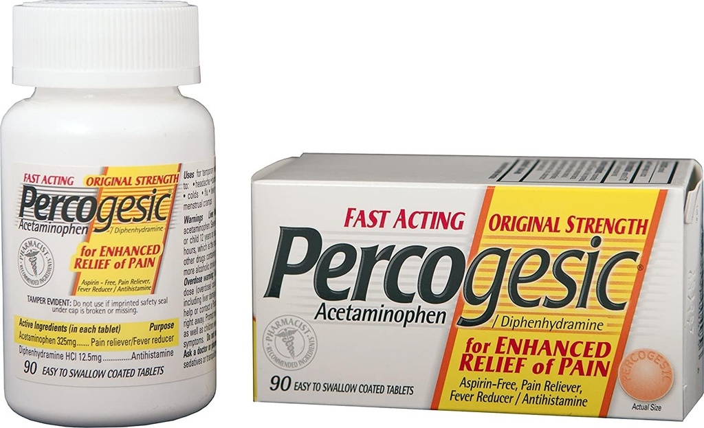 Percogesic Original Pain Relief | aspirin Free Fast Acting Relief | 90 kaplama Caplets (4 Pack)