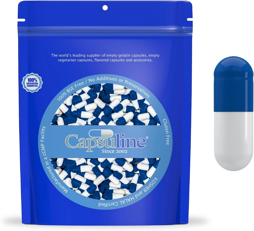 Capsuline Gelatin Capsules DIY 00 Capsules - Kosher Certified, Pure Bovine Pill Capsules Empty & Gluten Free - 1000 Count, Blue/White