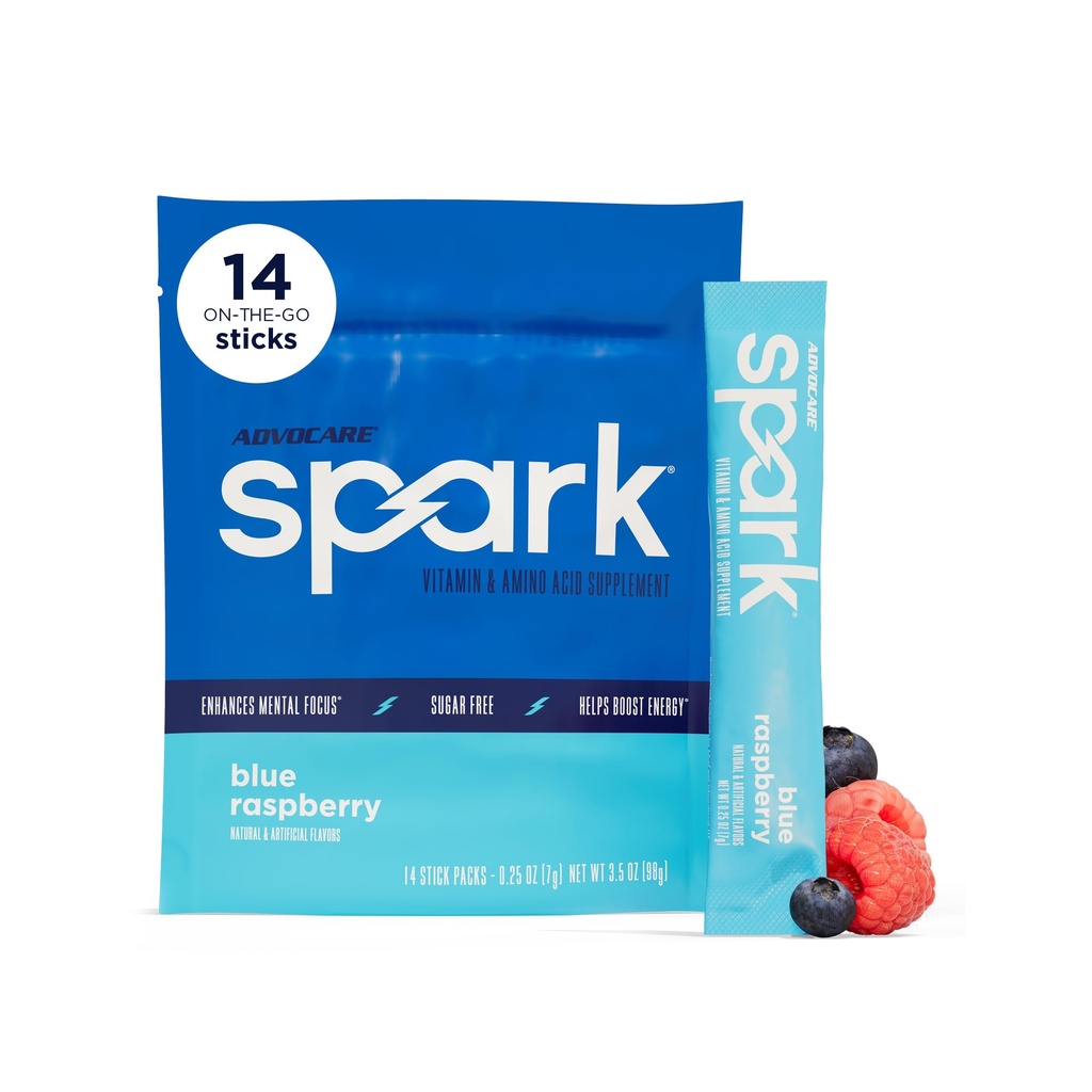 AdvoCare Spark - Enerji İçgörü - Vitamin & Amino Asit Supplement - Energy & Focus* - Portatif Immune Support* - Sugar-Free - Blue Raspberry, 14 Stick Packs (3.5 oz)