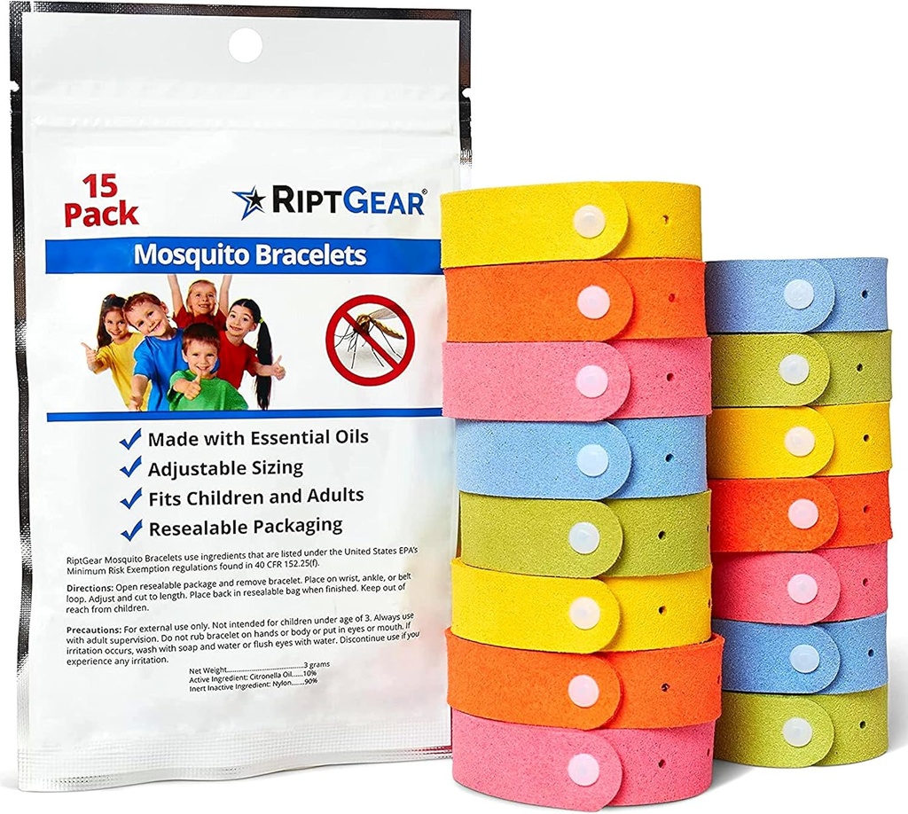 Βραχιόλια RiptGear Mosquito - 15 Pack Βραχιόλια Mosquito για παιδιά και ενήλικες, Βραχιόλι Έντομα, Citronella Wristband - DEET Free Mosquito Wristbands, Αξεσουάρ Camping