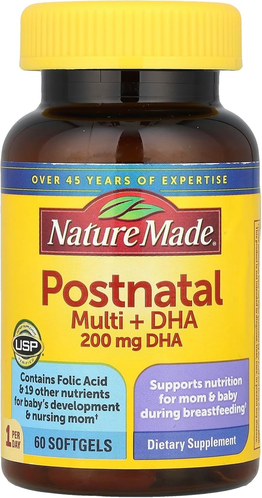 Nature Made Postnatal Multivitamin + DHA 200 mg, 60 Softgels, to Support Nursing Moms & Babies Κατά τη διάρκεια του θηλασμού, μεταγεννητικές βιταμίνες & θρεπτικά συστατικά Περιλαμβάνουν τον σίδηρο, βιταμίνη D3, ασβέστιο, ιώδιο