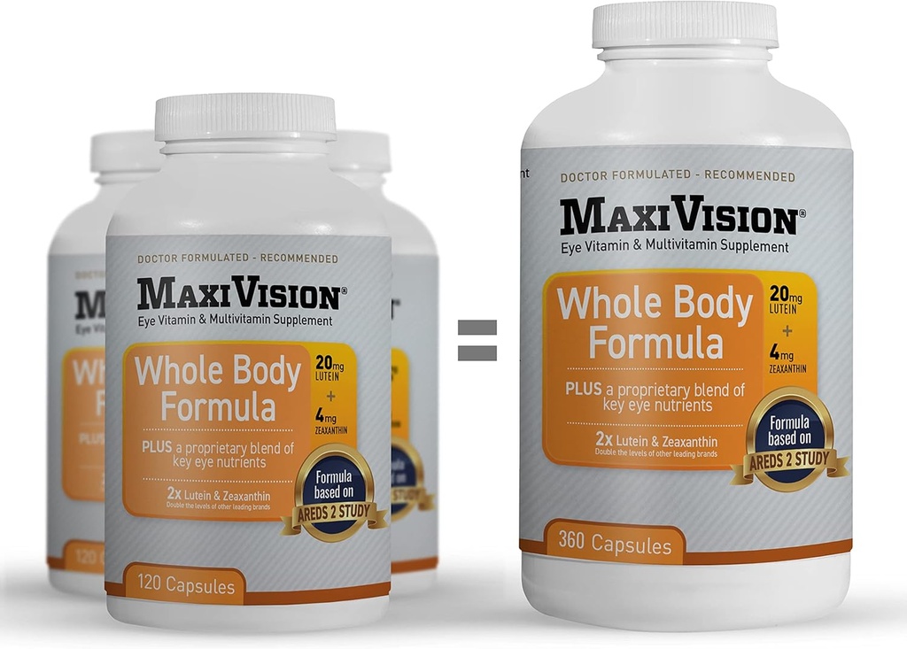 MaxiVision® AREDS 2 Whole Body Formula - AREDS 2 Eye Vitamins w/Lutein και Zeaxanthin - για Macular Support - Eye Συμπληρώματα για Οφθαλμικό Στρώμα - 360 Κάψουλες Μετρήσεις (360 Κάψουλες 1 Φιάλη)