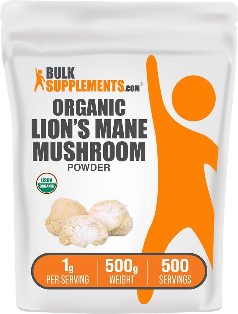 BulkSupplements.com Βιολογικά Λιοντάρια Mane Mushroom Powder - Lions Mane Powder, Mushroom Supplement - Vegan & Gluten Free, 1g ανά Σερβίρισμα, 500g (1.1 lbs) (Συσκευή των 1)