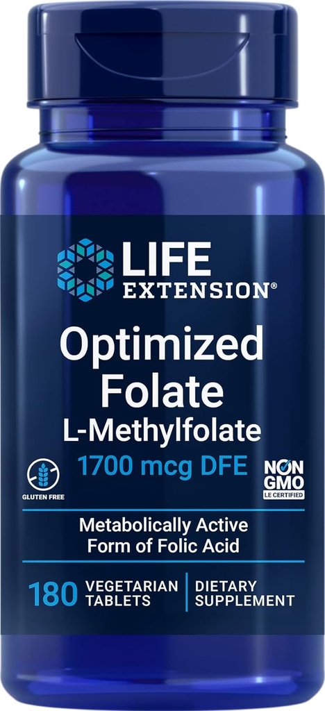 Επέκταση ζωής Βελτιστοποιημένο φολικό (L- Methylfolate) 1700 mcg DFE, 180 Veg δισκία