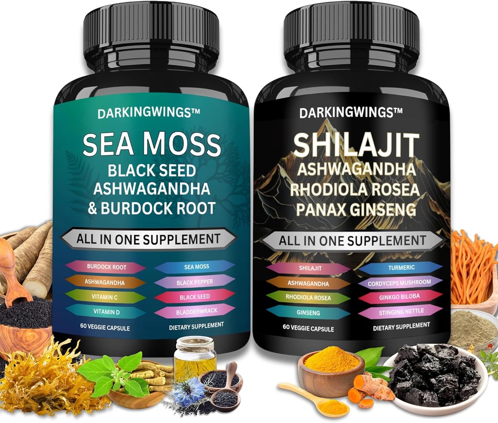 Shilajit ve deniz moss combo -Sea Moss 3000 mg, Black Seed Oil 2000mg, Ashwagandha 2000 mg, Shilajit 9000 mg, Rhodiola Rosea1000 mg,Panax1500 mg | deniz mos ve shilajit paket, hepsi bir ek olarak, tek bir pakette