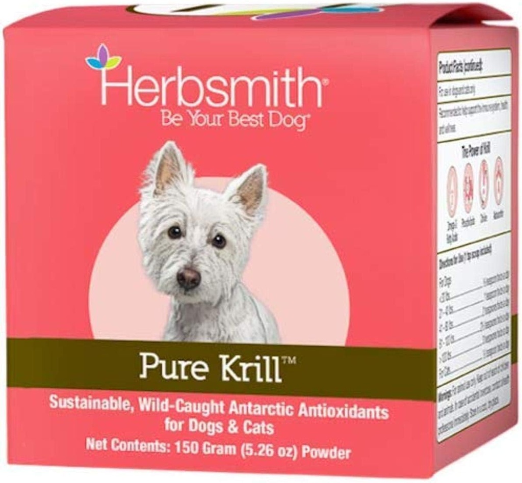 Herbsmith Pure Krill - Wild-Caught Ανταρκτική Κριλ - Μόνο 1 συστατικό - Ασταξανθίνη για σκύλους - Έτοιμο για χρήση Ωμέγα 3s – Εναλλακτική λύση για το λάδι κριλ για σκύλους - 150g