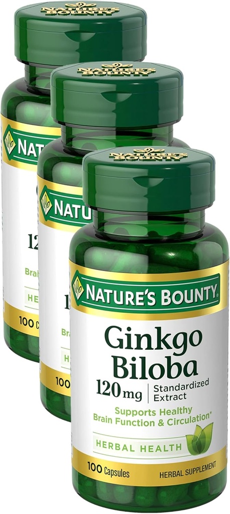 Nature's Bounty Ginkgo Biloba Capsules 120 mg, Memory Support Supplement, Supports Brain Function and mental Alertness, 100 Capsules (Pack of 3)