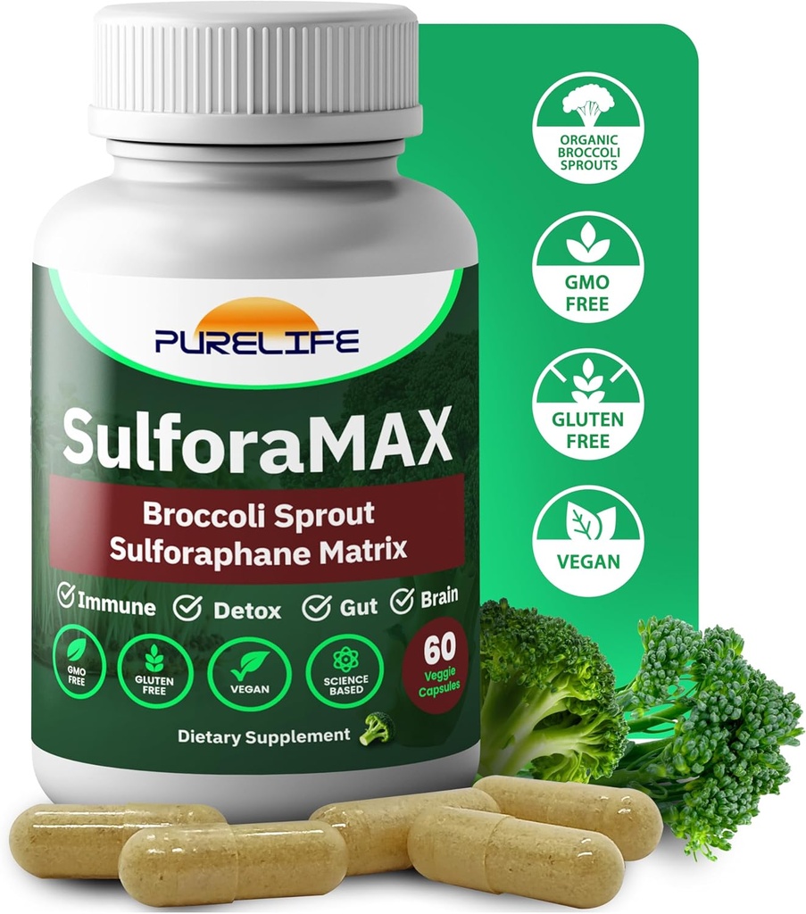 SulforaMAX (60 κάψουλες) - Sulforafane Broccoli Immunity Supplement - Ανοσολογική Υποστήριξη, Καρδιά, Ήπαρ, Εγκεφαλική Υγεία - Vegan, Χορτοφαγικά, Μη ΓΤΟ, 10.000 MCG Sulforafane