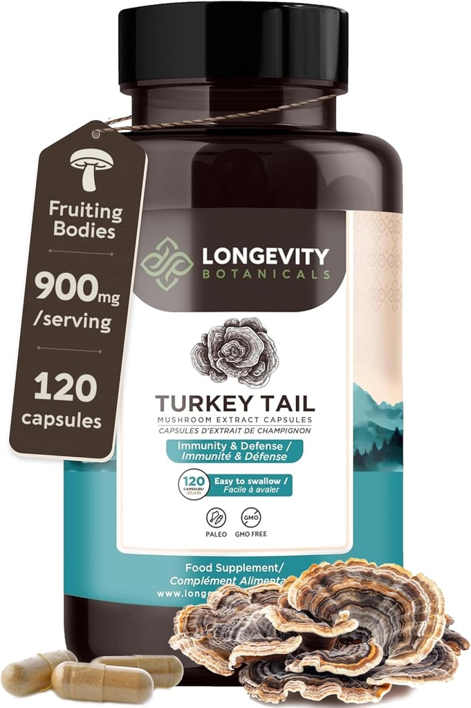 Organic Turkey Tail Mushroom Capsules Supplement (120) | Pure Fruiting Body 10:1 High Strength Extract | 50% Beta-D Glucans | 9,000mg Raw Equivalent Per Serving | Immune, Gut & Microbiome Support
