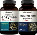 Magnezyum Glycinate Capsules 500 mg, 240 Count - 100% Chelated & Purified | Digestive Enzymes with Prebiyotiks, 240 Veggie Capsules - 20 Enzyme & 5 Prebiyotik Pancreatic Kompleksi