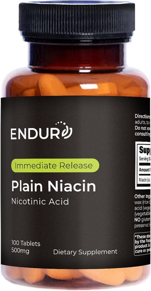 Endur Plain Niacin (Nicotinic Acid), Kalp Sağlığı ve Sağlıklı Cholesterol Balance Supplement, Immediate-Release Formula, Gluten Free, 500 mg (100 Tablet)