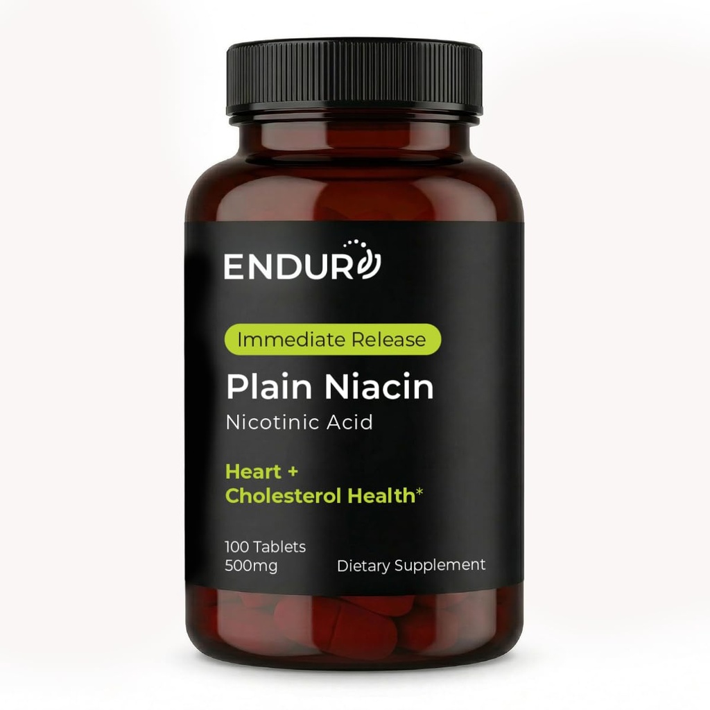 Endur Plain Niacin (Nicotinic Acid), Kalp Sağlığı ve Sağlıklı Cholesterol Balance Supplement, Immediate-Release Formula, Gluten Free, 500 mg (100 Tablet)