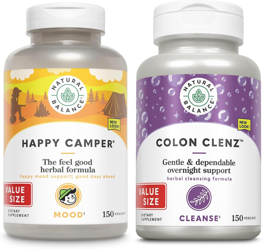 Natural Balance Happy Camper and Colon Clenz Bundle - Feel-Good Mood Support Plus Herbal Colon Cleanse and Detox - Εγγύηση 60 ημερών - 75/150 Servings, 150/150 VegCaps