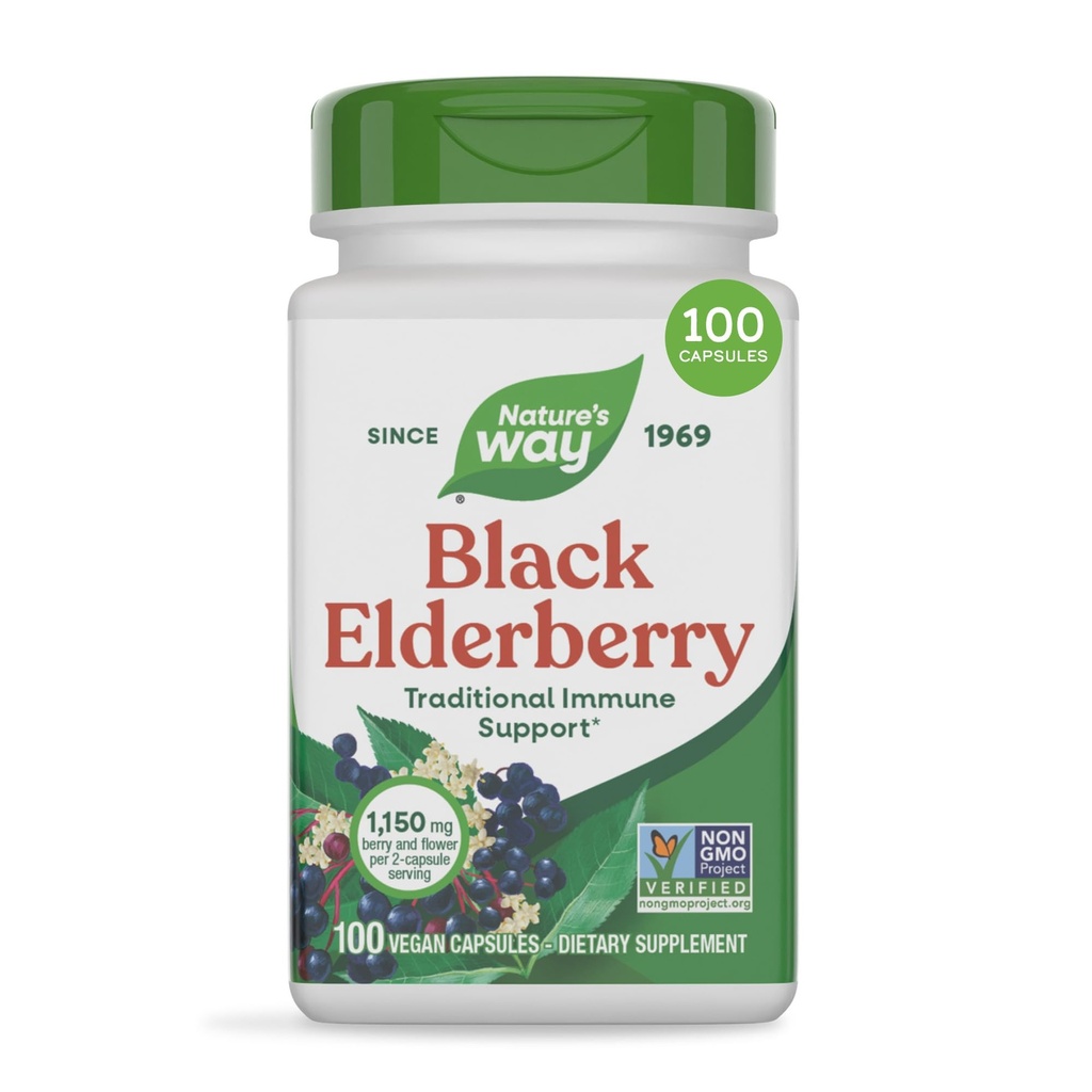 Nature's Way Black Elderberry Capsules, Traditional Immune Support* Συμπλήρωμα με Elderberry και Elderflower, Plant Powered, 100 Capsules (Packaging May Vary)