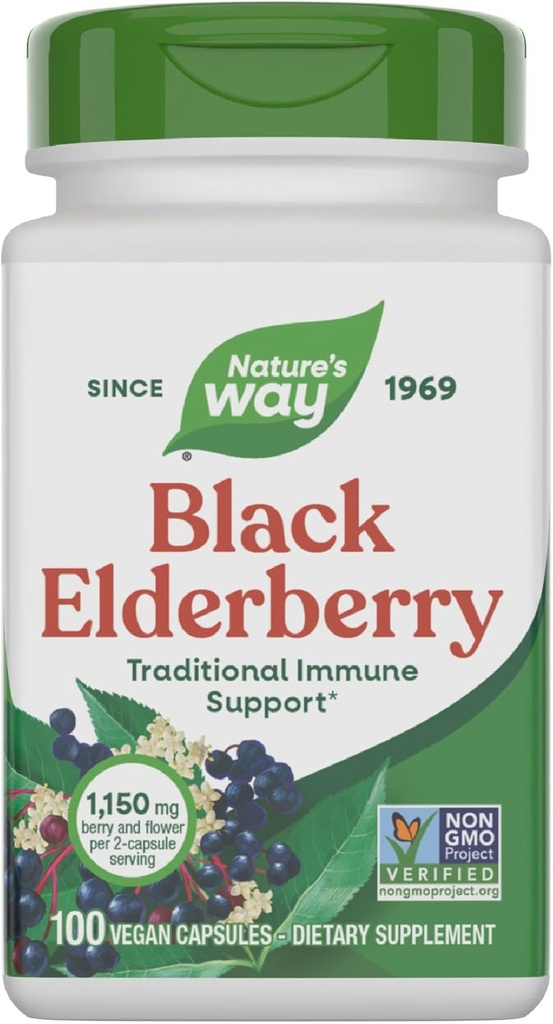 Nature's Way Black Elderberry Capsules, Traditional Immune Support* Supplement with Elderberry and Elderflower, Plant Support, 100 Capsules (Pazar May Vary)