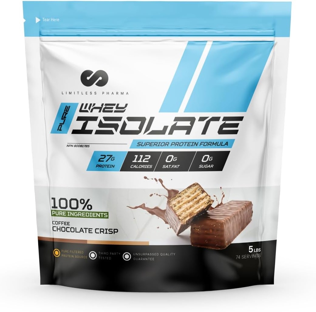 Limitsiz Pharma Pure Whey Isolate | Yüksek Protein Whey Isolate Protein Toz | 27g Protein, 6g BCAAs, Sugar Free, Gluten Free, Low Carb, Low Lactose | 74 Servisler, 5LB (Coffee Chocolate Crisp)