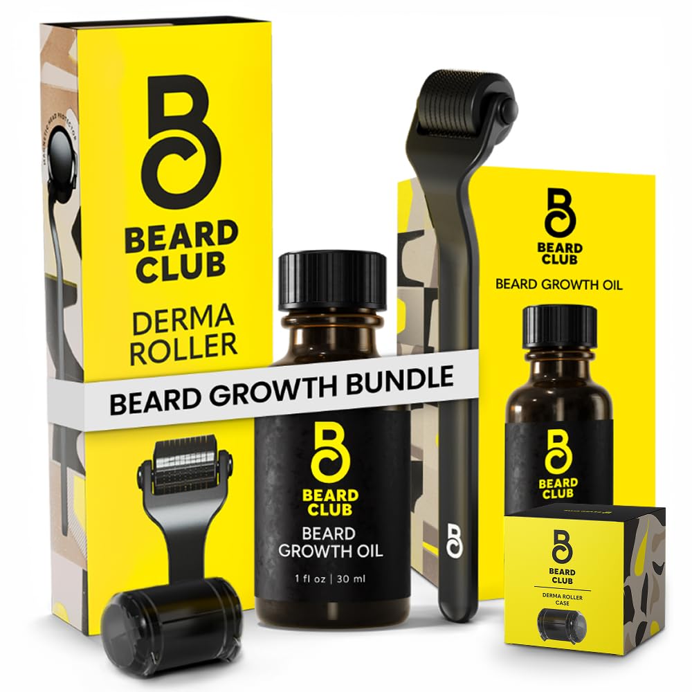 Beard Club Premium Derma Roller & Beard Growth Oil - Μικροανάγκη Roller με 540 Titanium Microneedles για το πρόσωπο, το σώμα και Scalp - Beard Roller με Sandalwood & Cedar Beard Oil